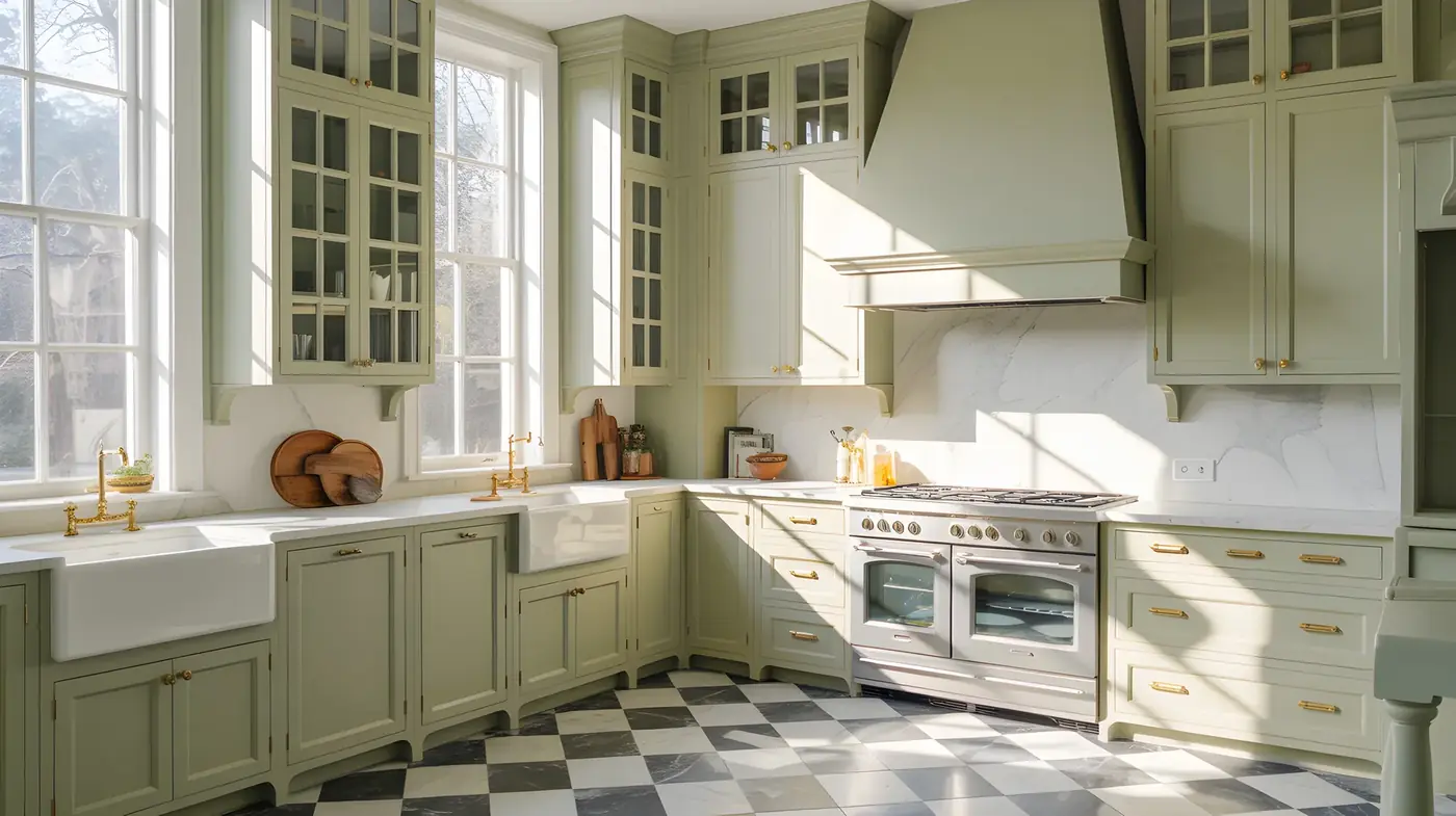Sage-green kitchen with checkered floor used as a design reference image